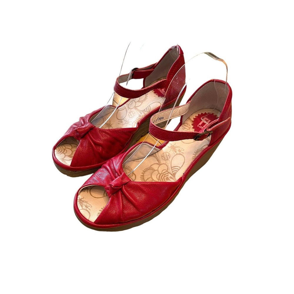 Fly London Yosey Ankle-Strap Sandal Women Size 39 Red Leather Platform Heel Peep
